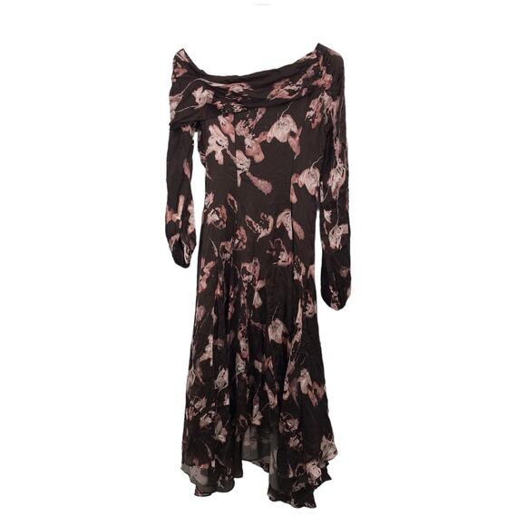 AMUR Lorraine Dress 2 Floral Silk Off Shoulder Long Sleeve Handkerchief Satin - Picture 1 of 6